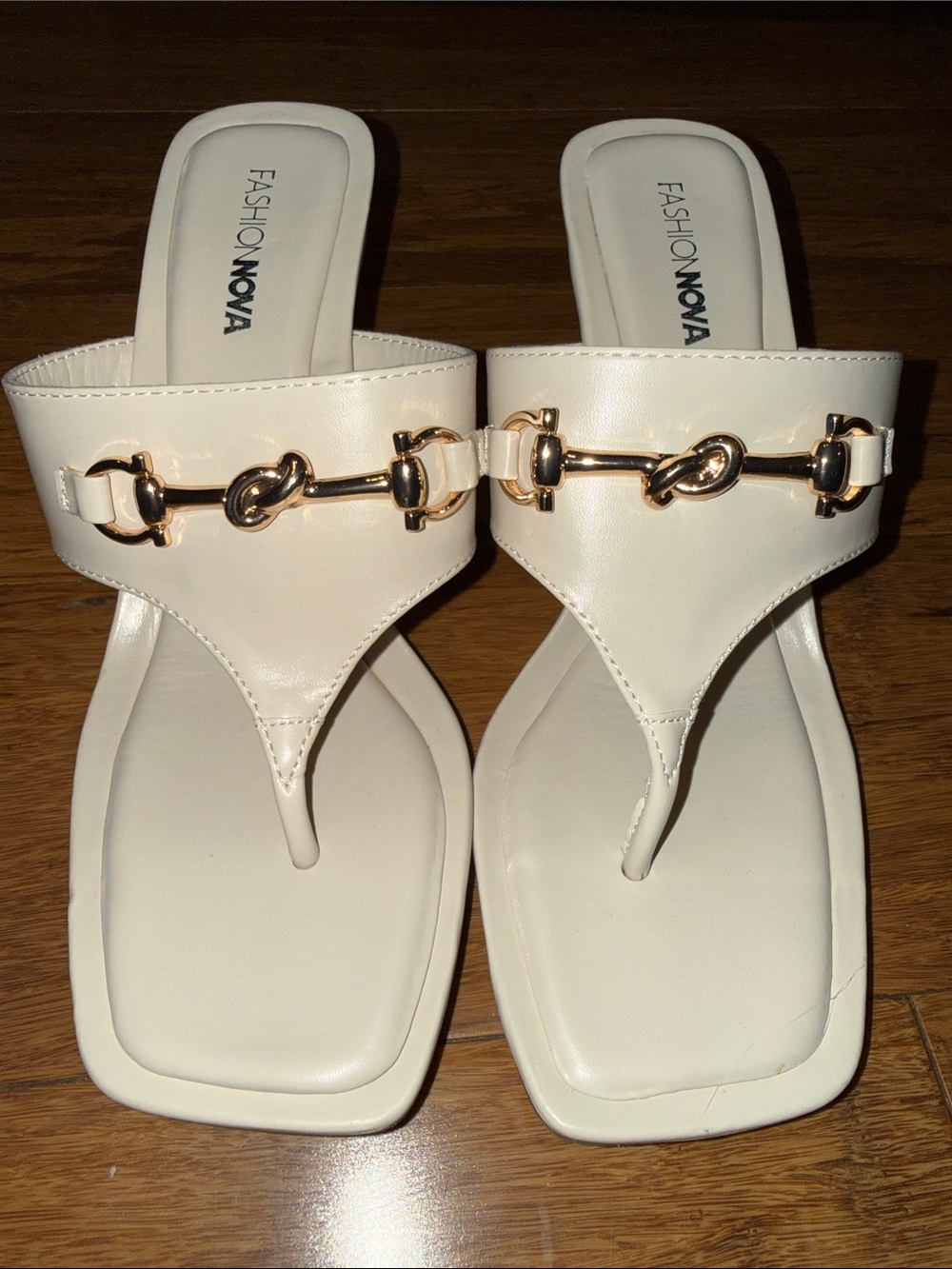 Fashion Nova Cream Thong Sandals with Gold Bit Detail